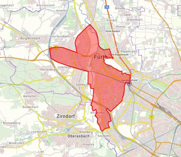 Kartendarstellung Ausrueckebereich FF Fürth-Stadt